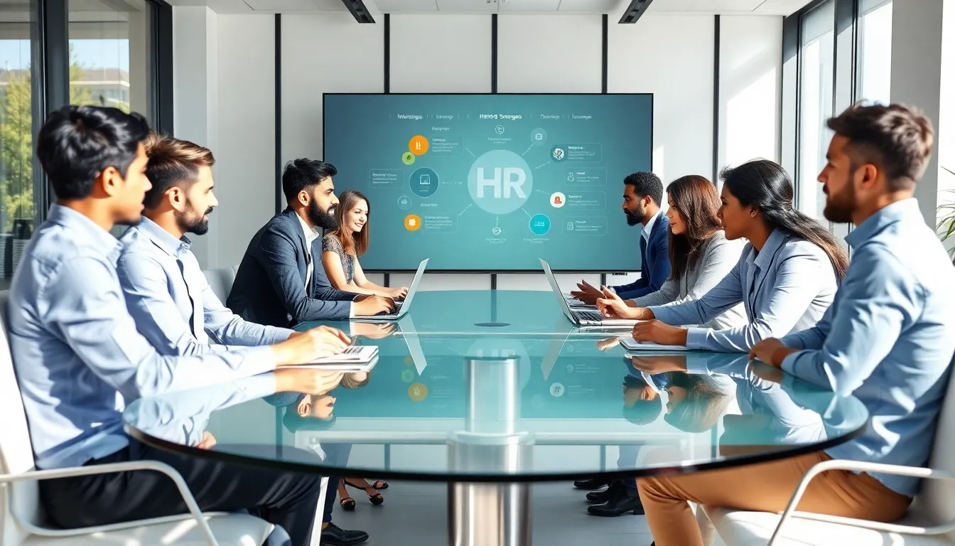 diverse team discussing HR strategies in a modern office.